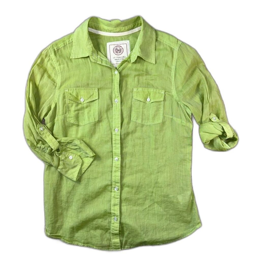 Lime Green Button Up Camp Shirt Lightweight Cotton Blouse Boho Summer Size L